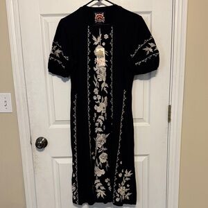 Johnny Was Black Dress with Cream Floral Embroidery